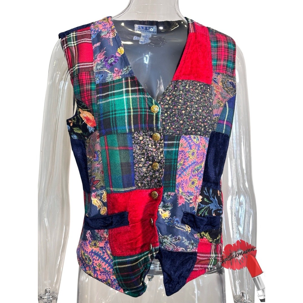 Vintage Patchwork Vest‎ Women Large Boho Electric 90s